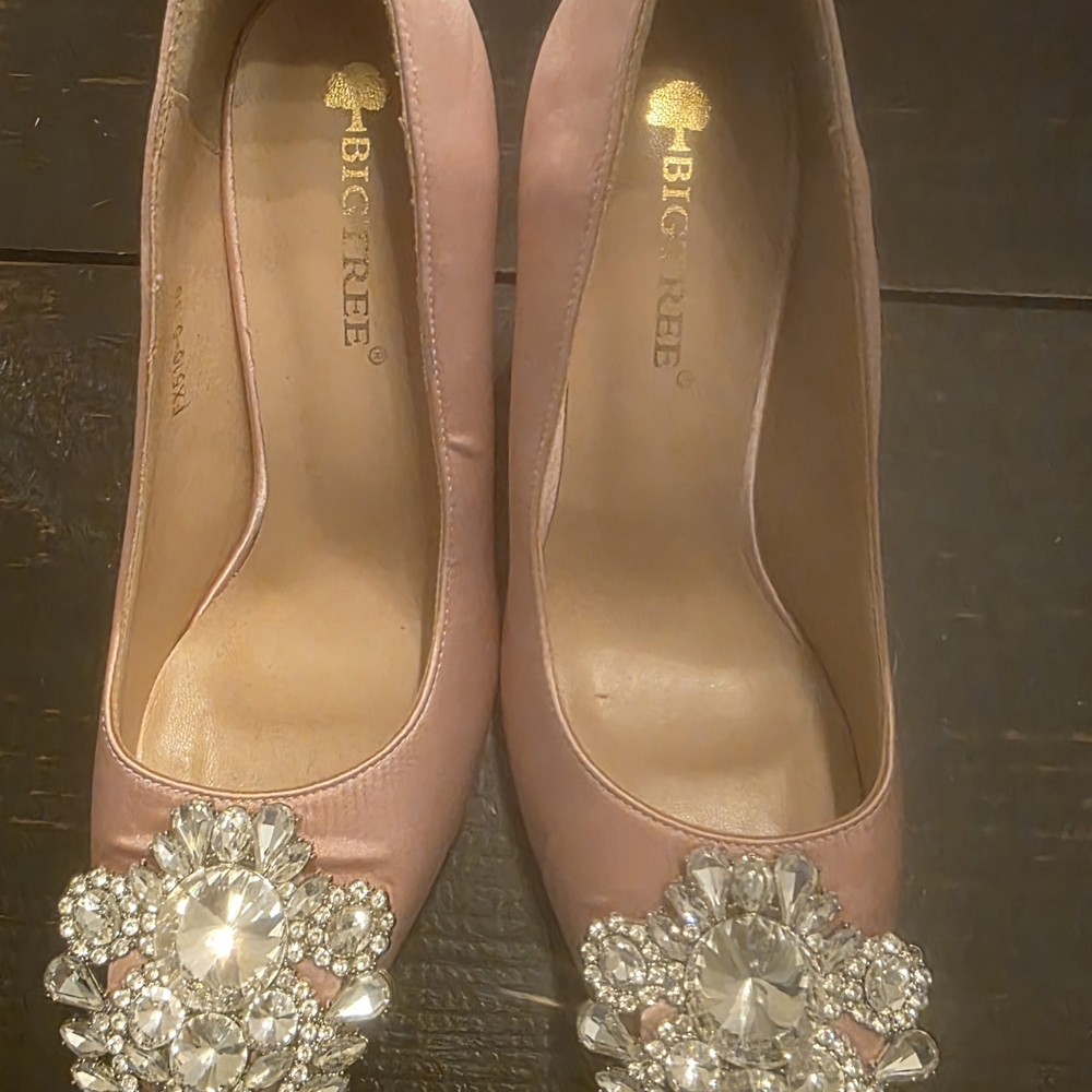 Pink Satin Like Heels With Crystal Detail